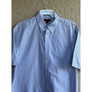 Lands End Men Sz 17 Blue Plaid No Iron Pinpoint Oxford Cotton Short Sleeve shirt